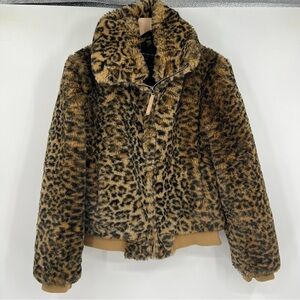 Generation Love Faux Fur Leopard Print Cozy Bomber Jacket Size XS